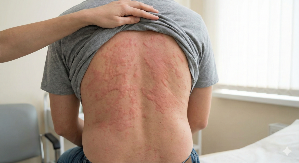 homem com urticária nas costas